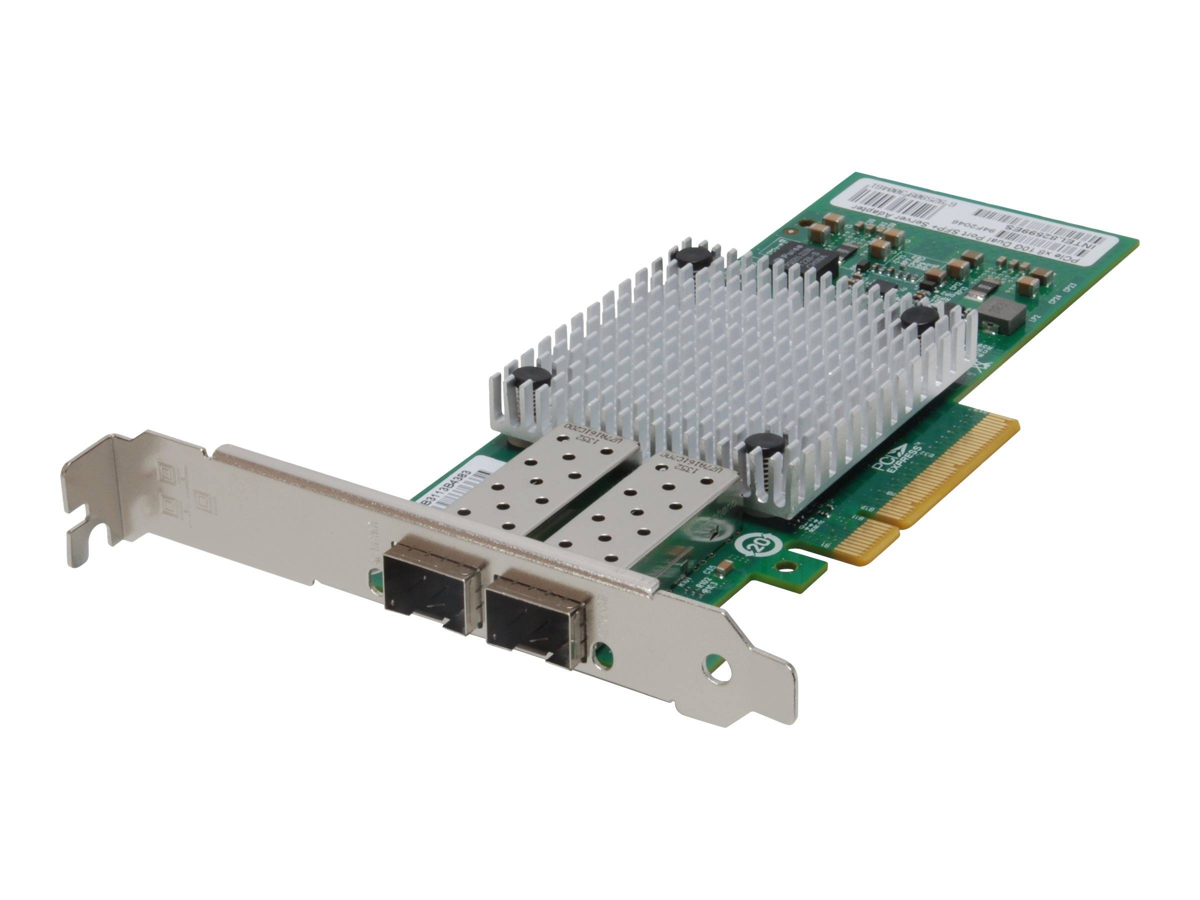 Eine Dual-Port-Netzwerkschnittstellenkarte mit einer Metallhalterung, einem großen silbernen Kühlkörper und zwei vorderen Ethernet-ähnlichen Anschlüssen.
