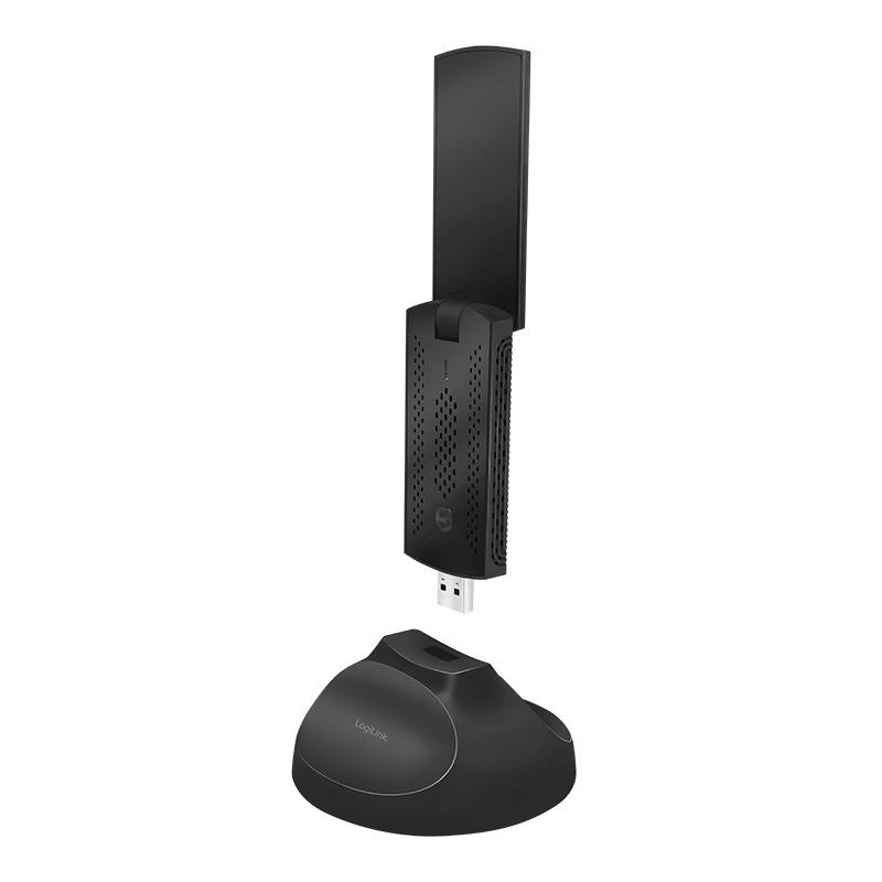 USB-Wireless-Dongle mit Antenne und Ladestation auf weißem Hintergrund dargestellt.