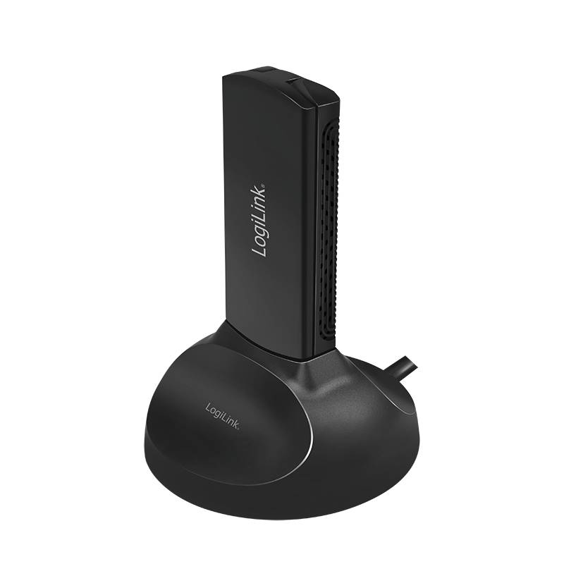 Schwarzer LogiLink USB-Adapter oder Dockingstation mit rundem Sockel, seitlicher Belüftung und einem Steckerverbindungskabel, das aus dem Sockel herausragt.