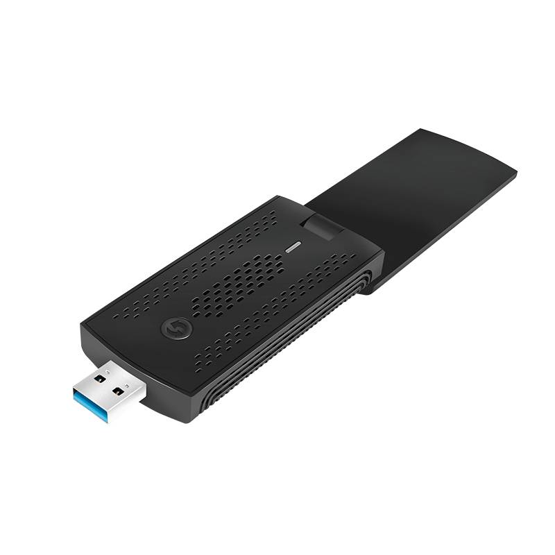 USB-Wi-Fi-Adapter-Dongle mit ausklappbarer externer Antenne, auf weißem Hintergrund abgebildet.
