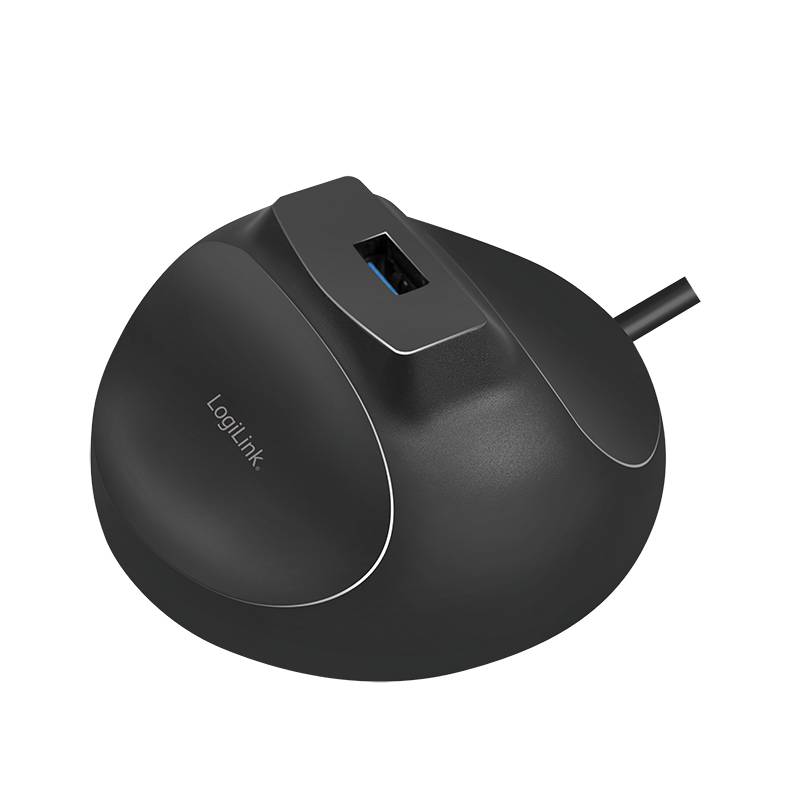 Schwarze ergonomische vertikale Computermaus mit LogiLink-Logo und sichtbarem USB-Kabel auf weißem Hintergrund