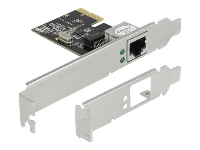 Ethernet-Netzwerkadapterkarte mit RJ45-Anschluss und Metall-PCI-Halterung, dargestellt mit einer zusätzlichen Low-Profile-Halterungsbefestigung.