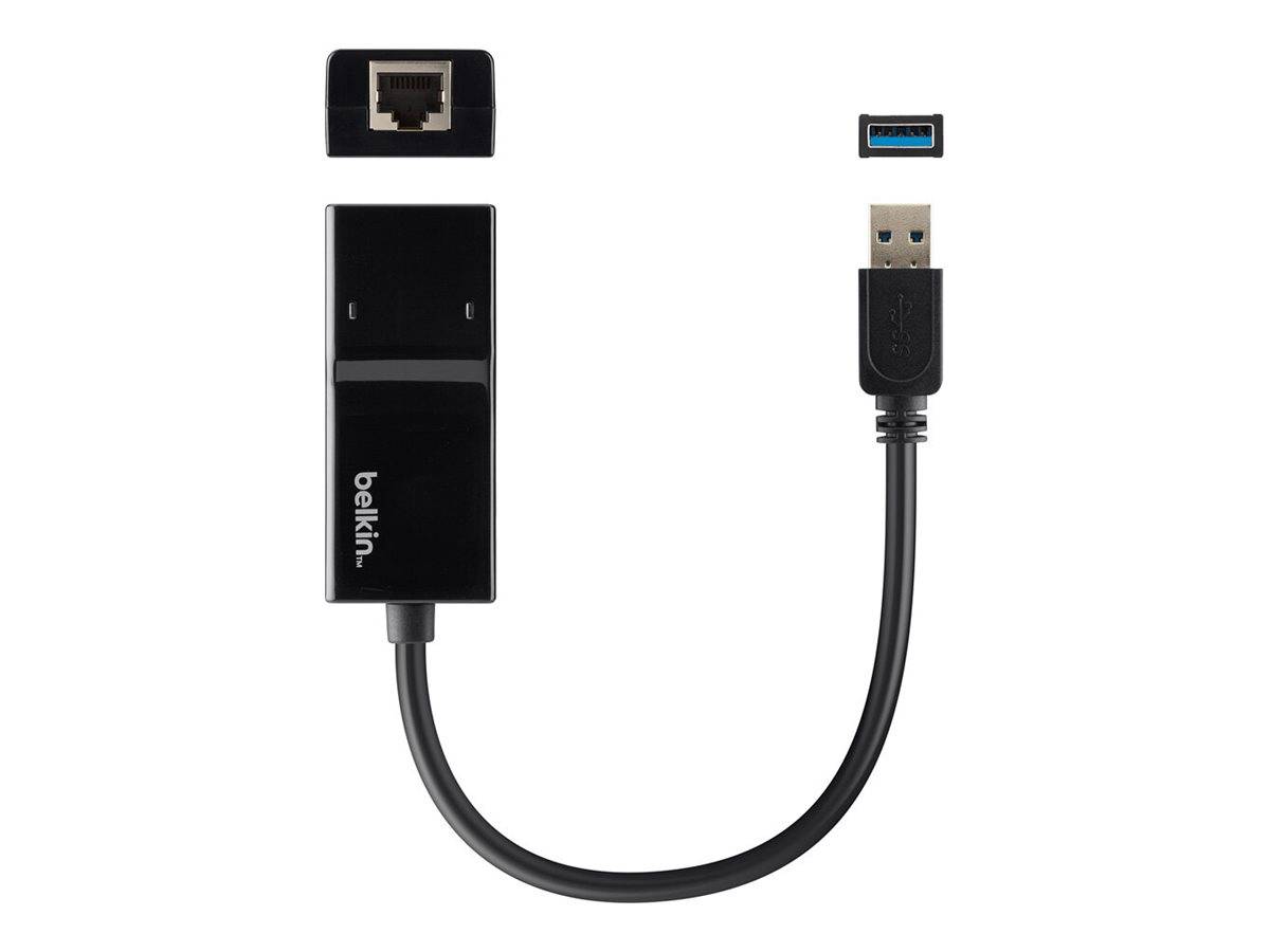 Belkin USB 3.0 zu Ethernet-Adapter mit USB-A-Stecker und RJ45-Netzwerkport, abgebildet mit Kurzkabel und Steckerenden.