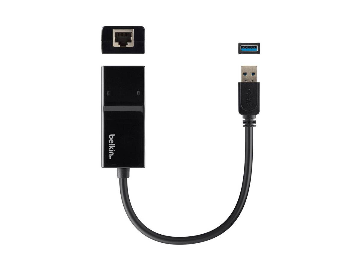 Belkin USB-zu-Ethernet-Adapter mit USB-Kabel und Ethernet-Anschluss, dargestellt auf weißem Hintergrund mit Port-Symbolen über jedem Anschluss.