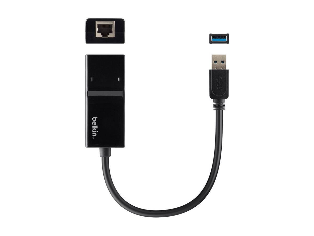 Belkin USB 3.0 zu Ethernet-Adapter mit USB-Anschluss und RJ45-Netzwerkport, gezeigt mit abnehmbarem Kabel und Port-Symbolen.
