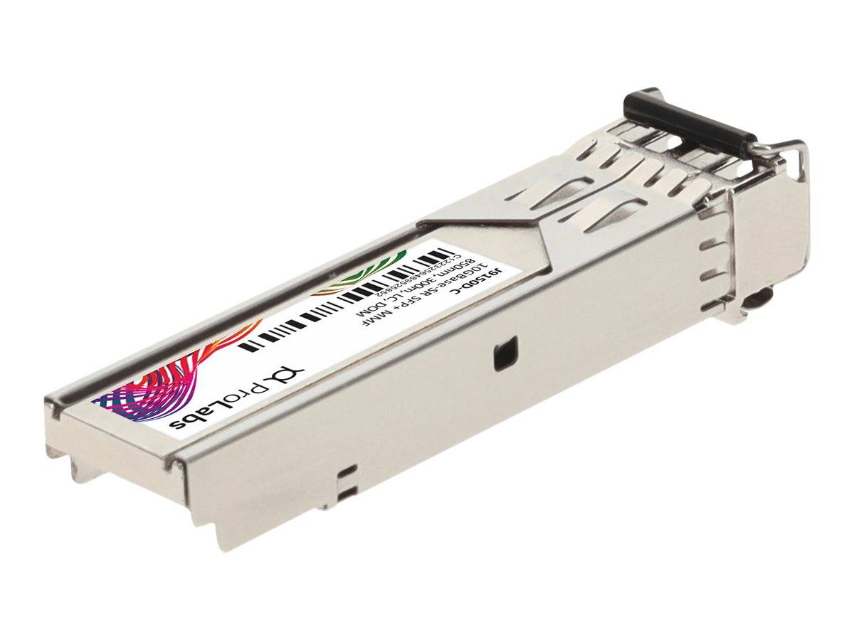 Nahaufnahme eines metallischen SFP-Transceiver-Moduls mit ProLabs-Etikett und Barcode, das für Glasfaser-Netzwerke verwendet wird.