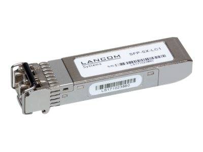 Kleines silbernes LANCOM Systems SFP-Transceiver-Modul mit Barcode-Etiketten, dargestellt auf weißem Hintergrund.