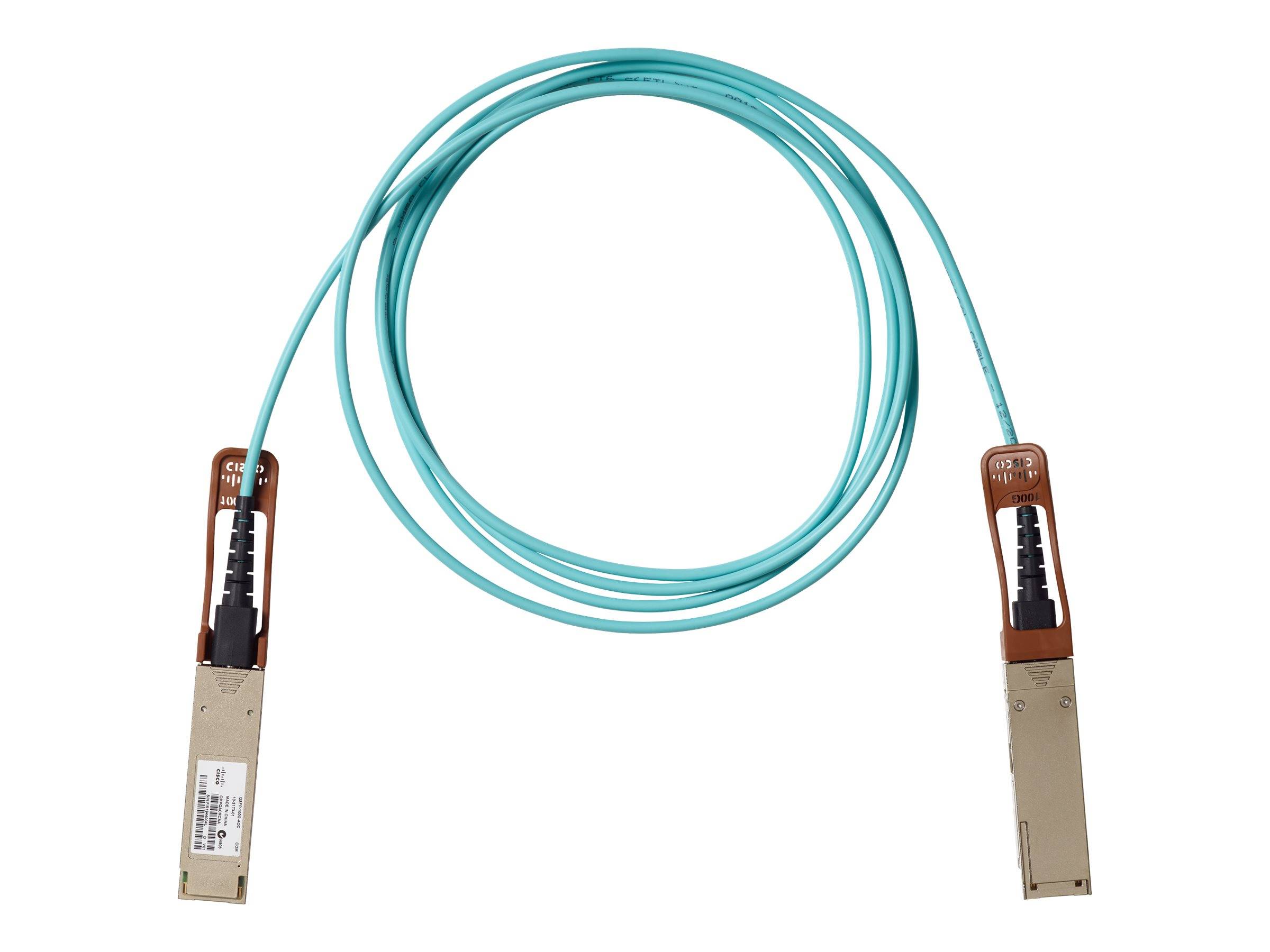 Aufgerolltes tealblaues Glasfaserkabel mit zwei braunen Steckermodulen auf weißem Hintergrund.