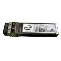 Intel-Marke optisches Transceiver-Modul mit Metallgehäuse, Frontverbinder und gedrucktem Etikett auf weißem Hintergrund.