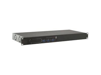 Schwarzes Rack-Mount-Server- oder Netzwerkgerät mit Front-Panel-Anschlüssen und Anzeigelichtern auf weißem Hintergrund