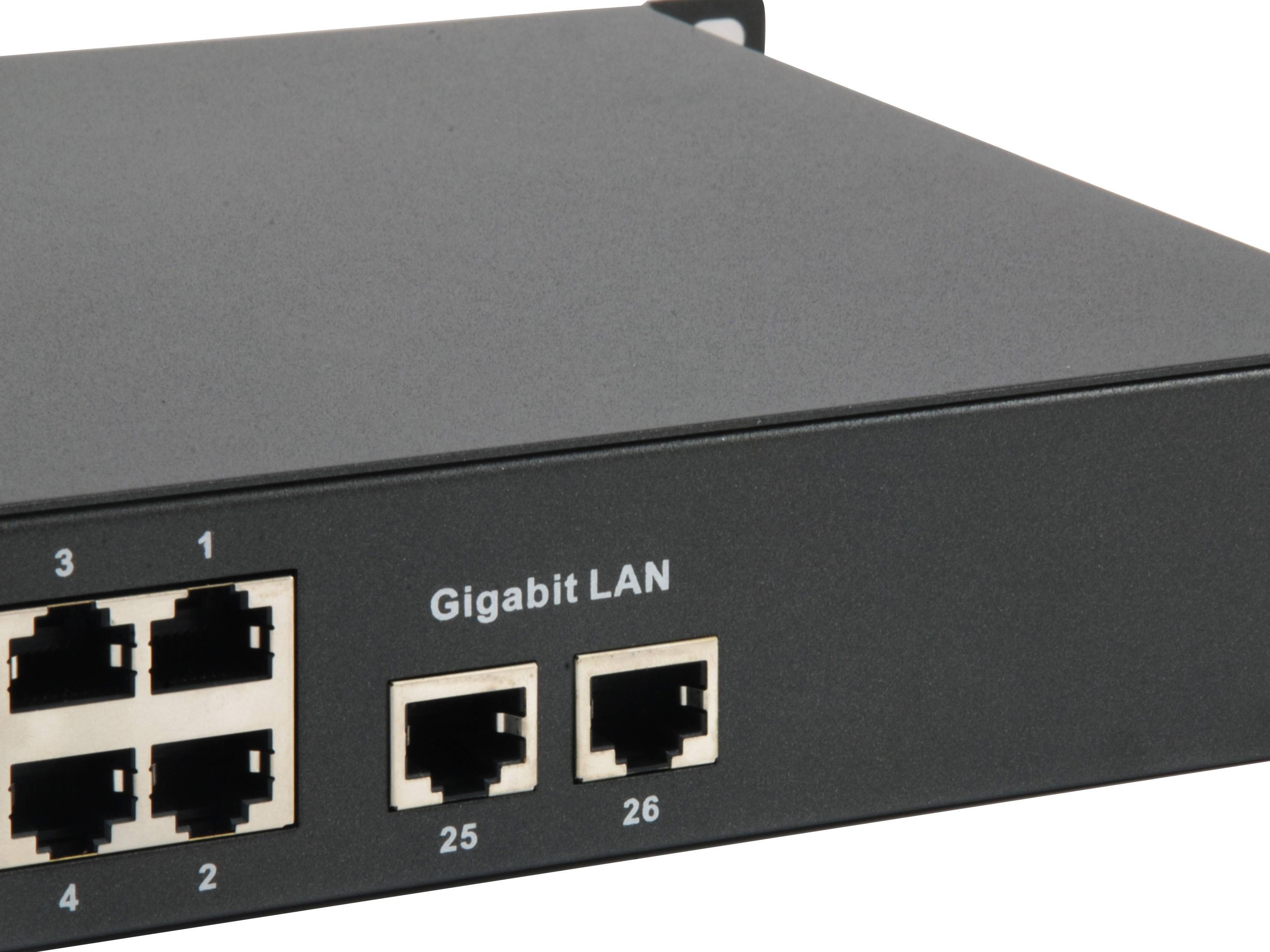 Nahaufnahme der Frontplatte eines Netzwerk-Switches mit sechs Ethernet-Anschlüssen, einschließlich vier nummerierter Anschlüsse und zwei mit Gigabit-LAN-Anschlüsse 25 und 26 gekennzeichnete Anschlüsse.