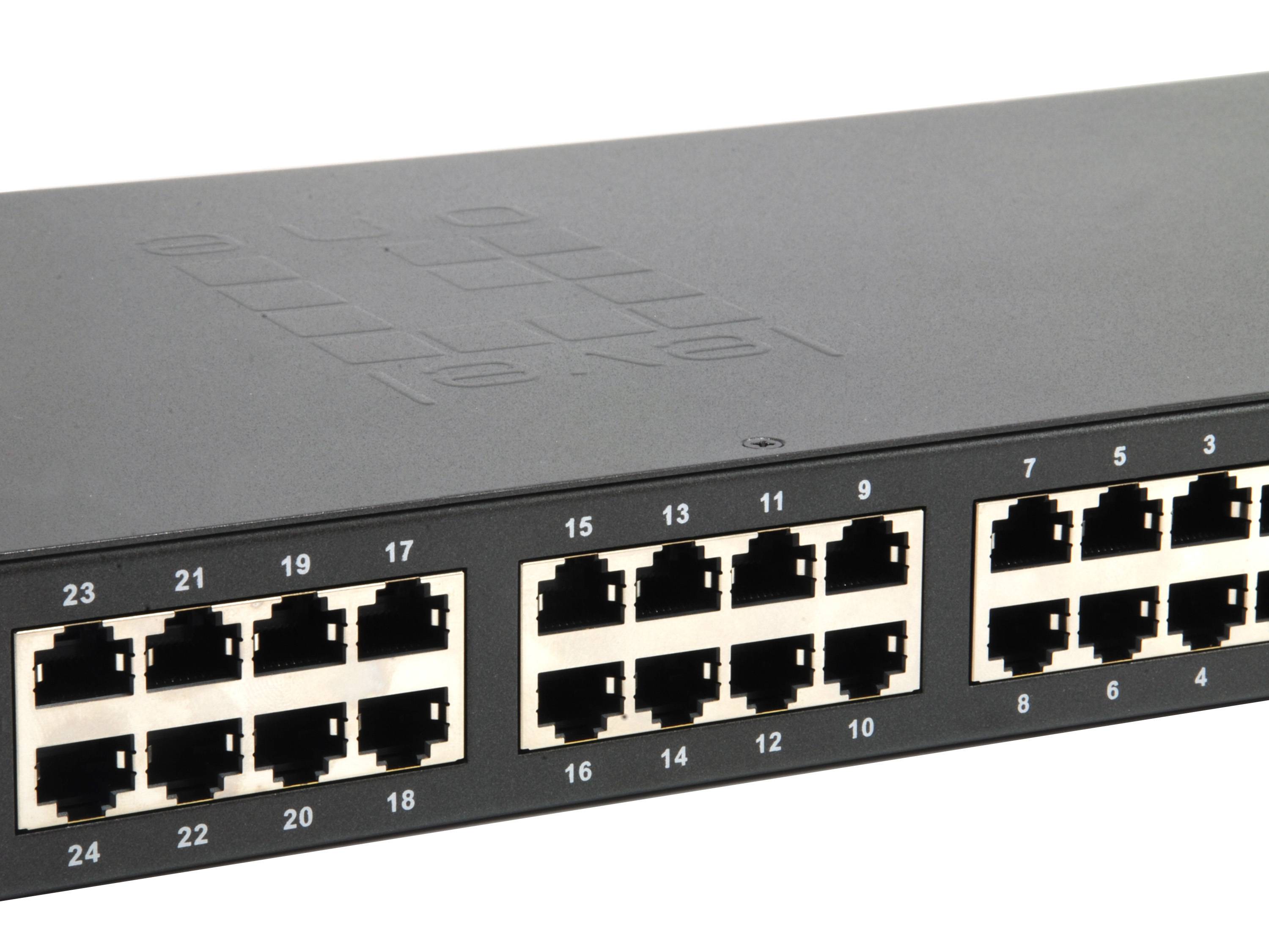 Ein schwarzer Ethernet-Netzwerk-Switch mit mehreren RJ45-Anschlüssen, die in nummerierten Gruppen auf der Frontplatte angeordnet sind.
