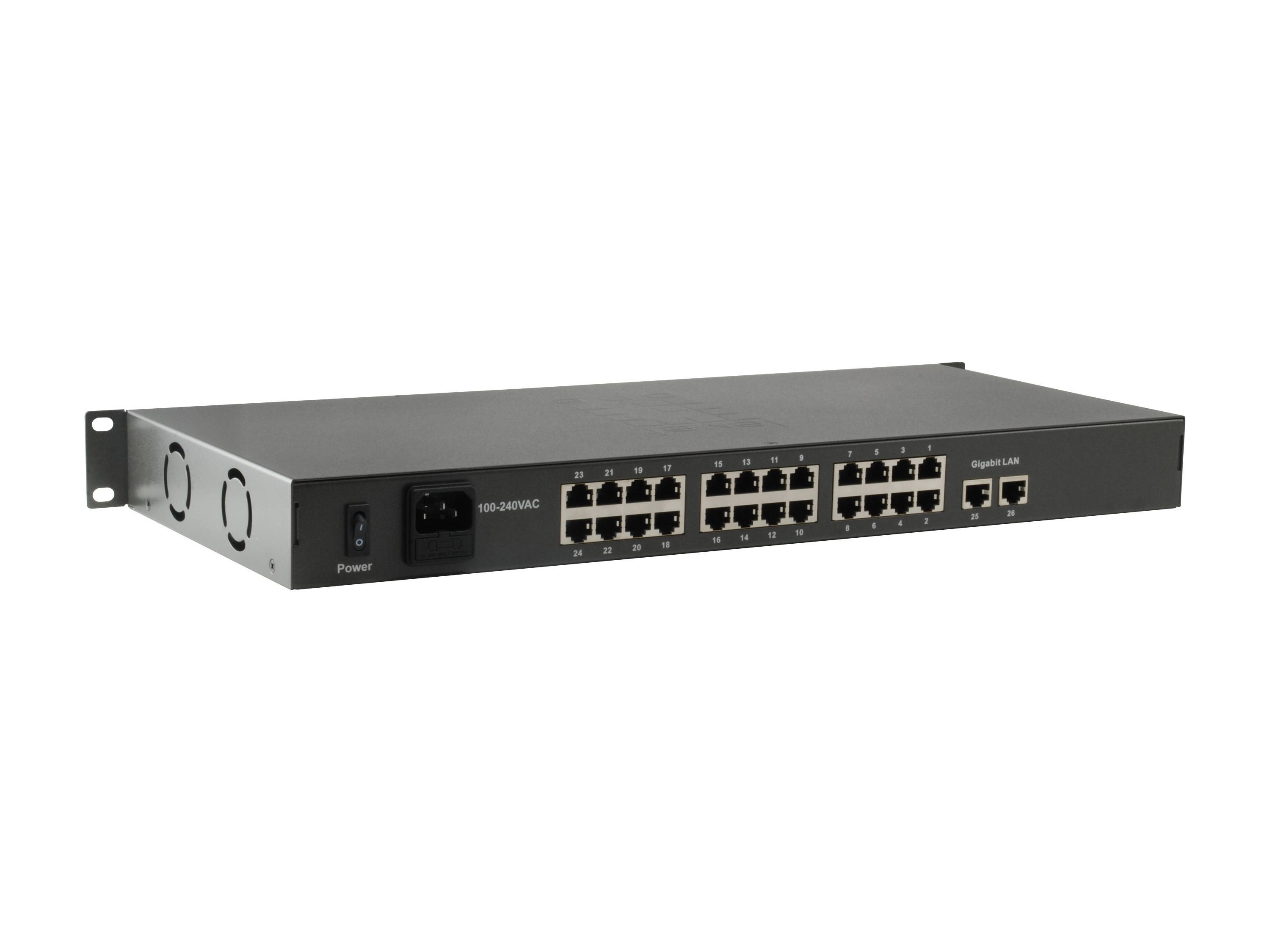 Rack-montierter Netzwerk-Switch mit mehreren Ethernet-Anschlüssen, Stromeingang und Status-Indikatoren auf der Vorderseite vor weißem Hintergrund.