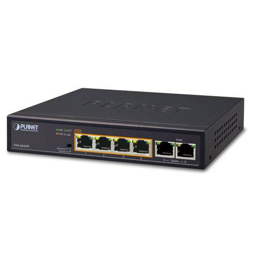 PLANET FSD-604HP, Unmanaged, Fast Ethernet (10/100), Vollduplex, Power over Ethernet (PoE)