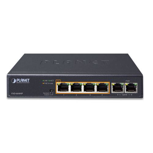 PLANET FSD-604HP, Unmanaged, Fast Ethernet (10/100), Vollduplex, Power over Ethernet (PoE)