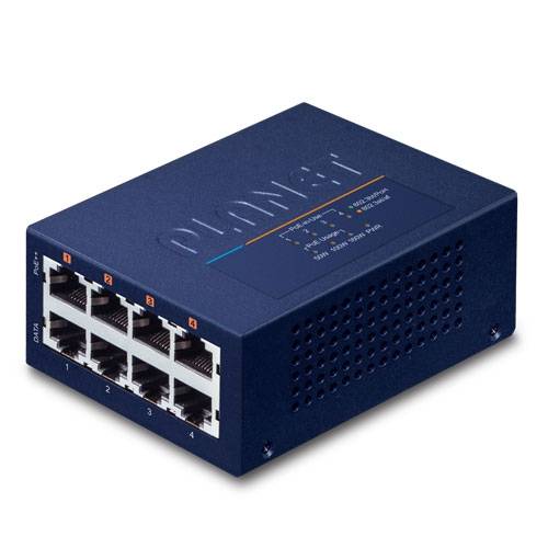 Blauer 8-Port-Ethernet-Netzwerk-Switch mit nummerierten RJ45-Anschlüssen auf der Frontplatte.