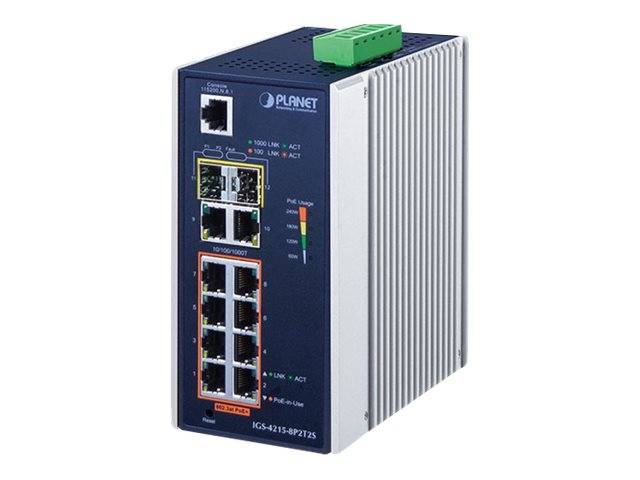 Industrieller PLANET Ethernet-Switch mit mehreren RJ45- und SFP-Anschlüssen, dargestellt in einem silbernen und blauen Metallgehäuse.