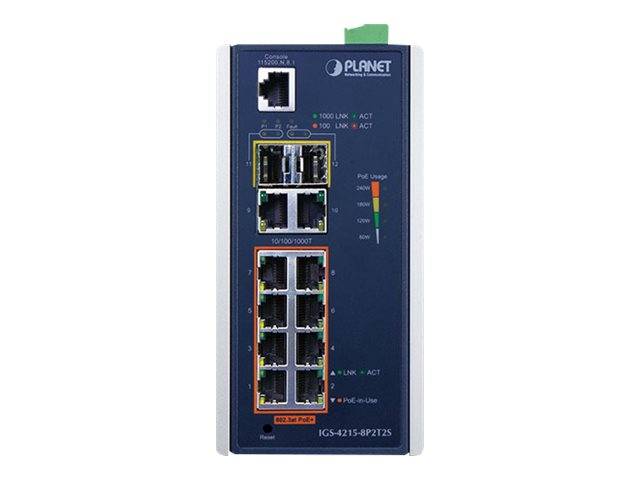 Industrie-PLANET-Ethernet-Netzwerkschalter mit mehreren RJ45-Anschlüssen und Statusleuchten auf einem blauen Frontpanel.