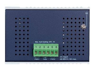 Frontplatte eines blauen elektrischen Geräts mit Belüftungslöchern, sechs grünen Anschlussklemmen mit den Bezeichnungen 1-6 und bedrucktem Text für „DC-Eingang 48-56V, 6A max.