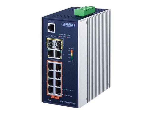 Industrie-Ethernet-Switch mit mehreren RJ45-Anschlüssen und einem Glasfaser-Uplink, dargestellt in einem Metallgehäuse mit Status-LEDs und einem grünen Stromverbinder oben.