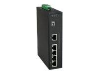 Schwarzer industrieller Ethernet-Switch mit vier RJ45-Anschlüssen und einem grünen Stromstecker oben