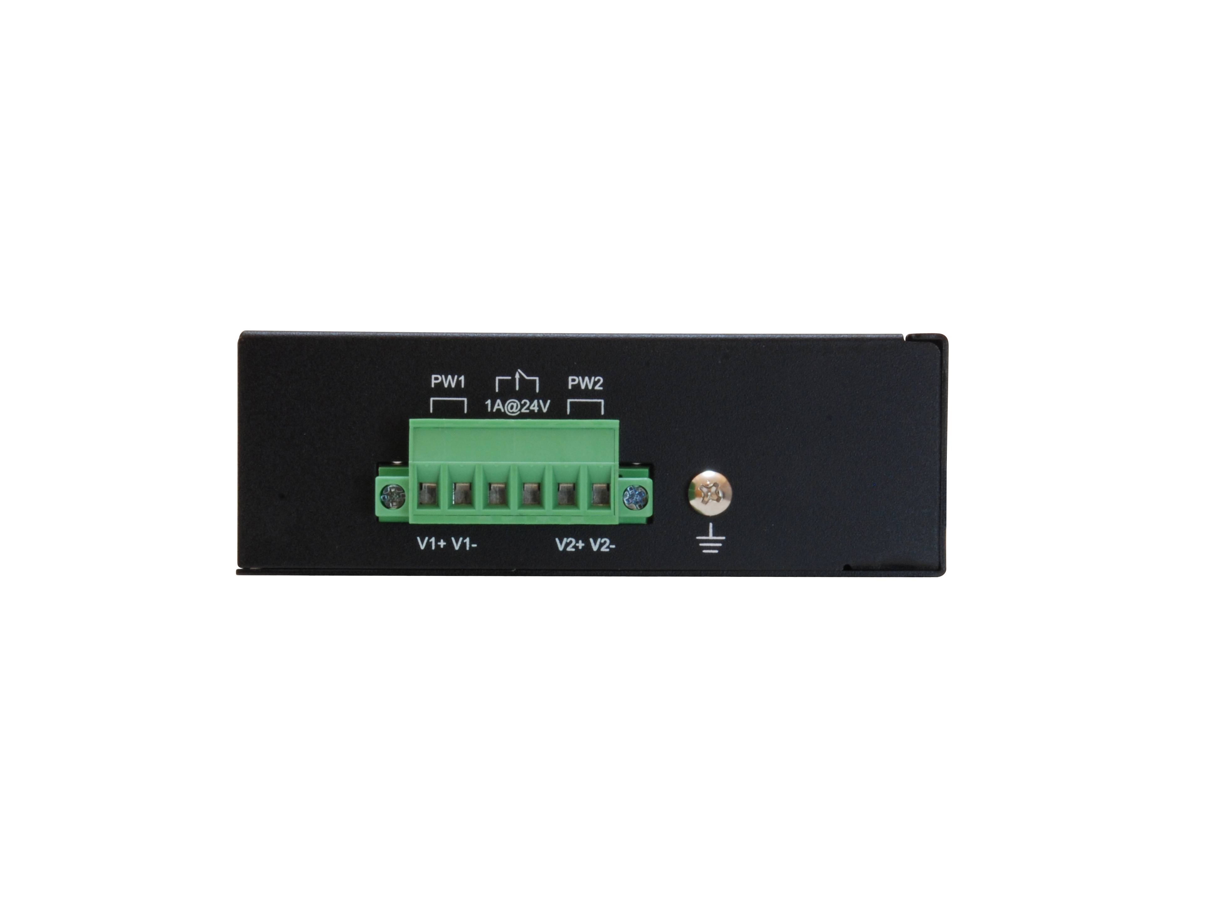 Schwarzes rechteckiges Elektrogerät mit grünen Klemmenblöcken mit den Bezeichnungen PW1, 1A@24V und PW2 sowie einem Erdungssymbol auf der rechten Seite.