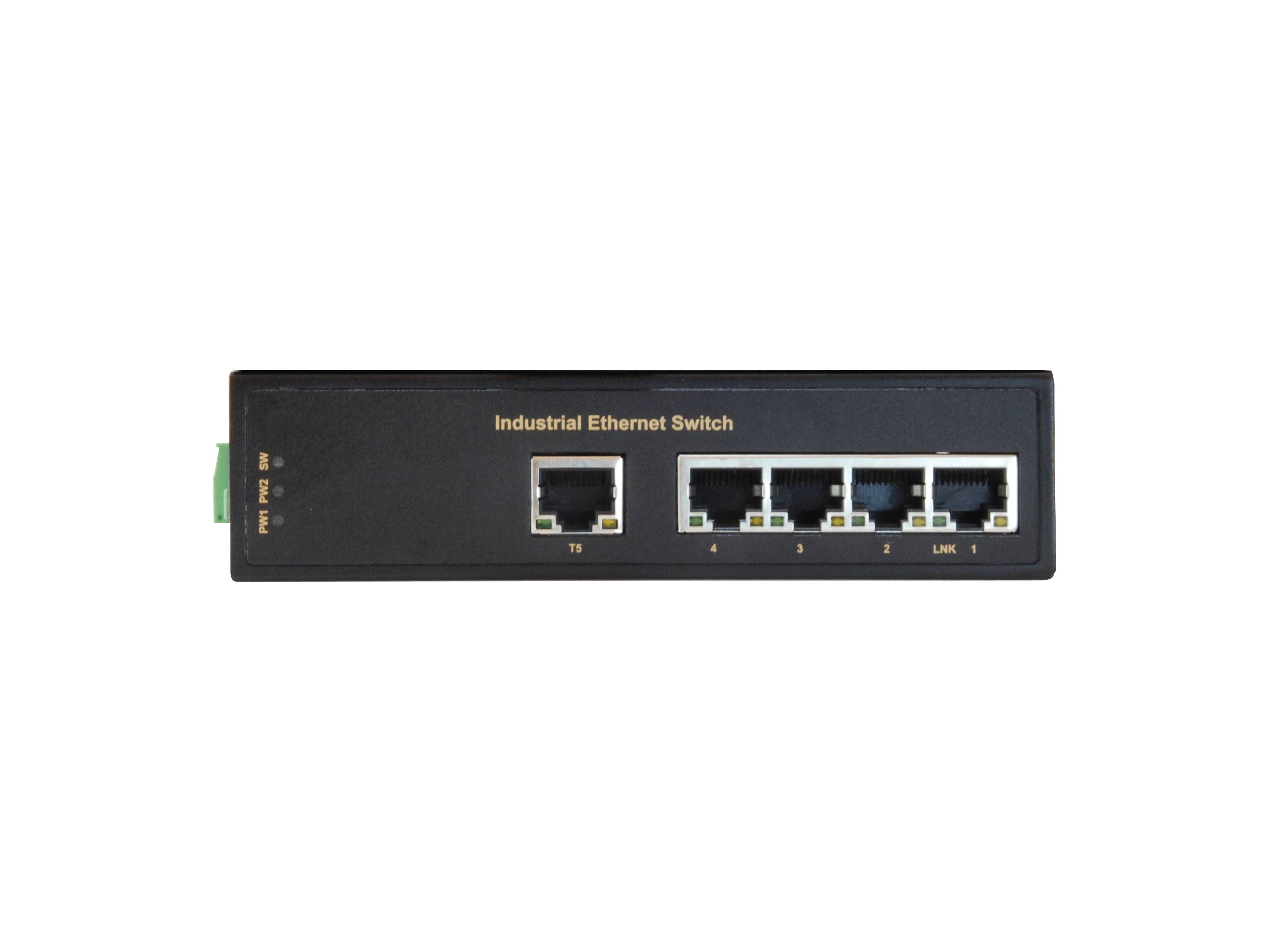 Schwarzer industrieller Ethernet-Switch mit einem Uplink-Port und vier beschrifteten Netzwerkports auf der Frontplatte.