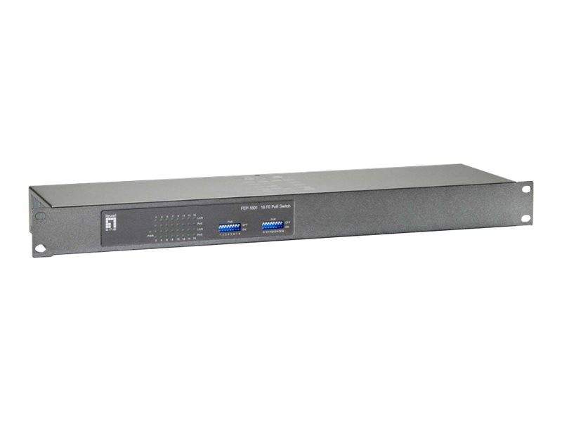 Frontplatte eines Rack-Mount-Netzwerkgeräts mit Status-LEDs, zwei blauen Anschlüssen und Rack-Ohren auf einfachem weißem Hintergrund.