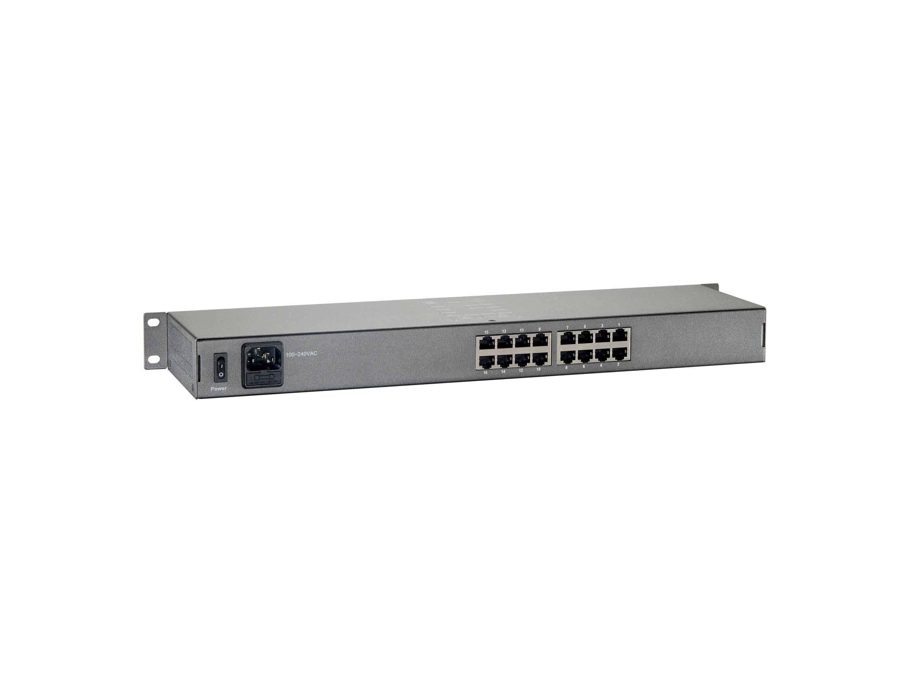 Rack-montierter Netzwerk-Switch mit 16 Ethernet-Anschlüssen und einem Stromstecker auf der Frontplatte, dargestellt auf weißem Hintergrund.