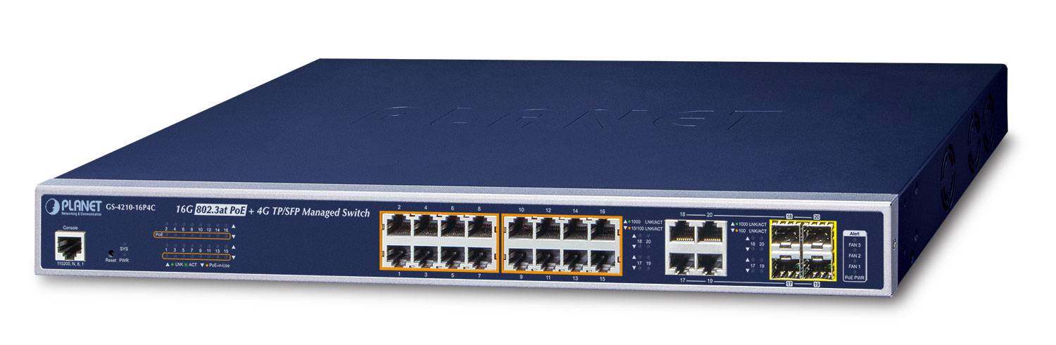 Planet GS-4210-16P4C, Managed, L2+, Gigabit Ethernet (10/100/1000), Power over Ethernet (PoE), Rack-Einbau, 1U