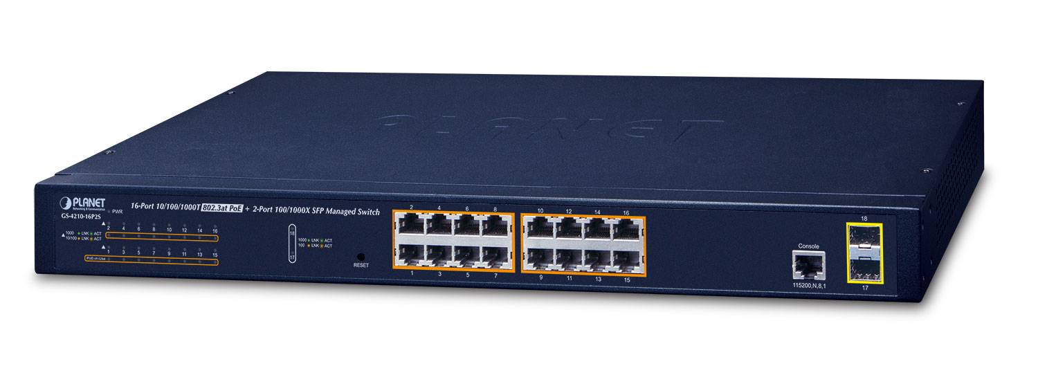 Planet GS-4210-16P2S, Managed, L2+, Gigabit Ethernet (10/100/1000), Power over Ethernet (PoE), Rack-Einbau, 1U