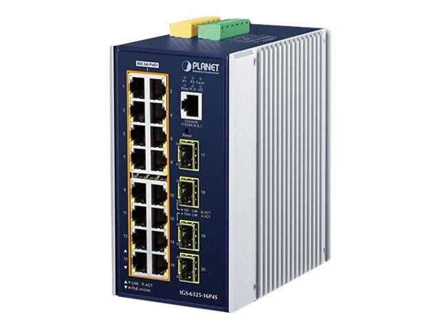 Frontansicht eines PLANET Industrial Ethernet Switches mit mehreren RJ45-Anschlüssen und zwei Uplink-Ports, dargestellt in einem Metallgehäuse.