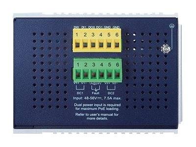 Vorderansicht eines blauen Netzwerkgeräts mit zwei 6-poligen Klemmenblöcken mit den Nummern 1-6, gekennzeichnet für 48-56V-Eingabe und PoE-Verkabelung.