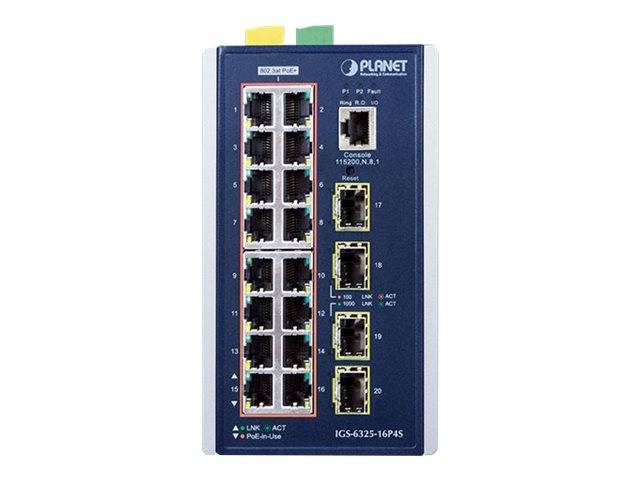 Vorderansicht eines PLANET Industrial Ethernet-Switches mit mehreren RJ45-Anschlüssen, gekennzeichnet mit „IGS-6325-16P4S