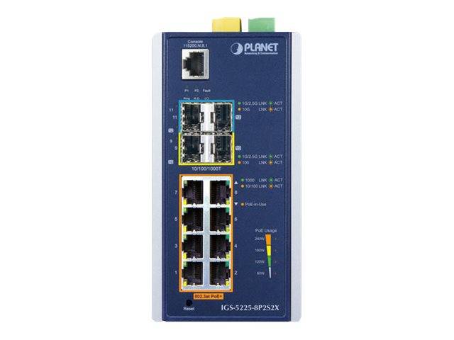 Vorderansicht eines blauen PLANET Industrial-Ethernet-Switches mit mehreren RJ45- und Glasfaseranschlüssen, Status-LEDs und einem oberen Uplink-Anschluss.