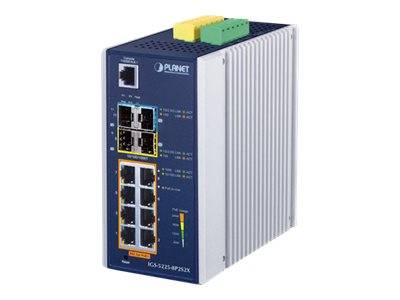 Industrieller PLANET-Netzwerk-Switch mit mehreren Ethernet-Anschlüssen, Status-LEDs an der Vorderseite und silbernem geripptem Metallgehäuse, dargestellt in einem Produktfoto.