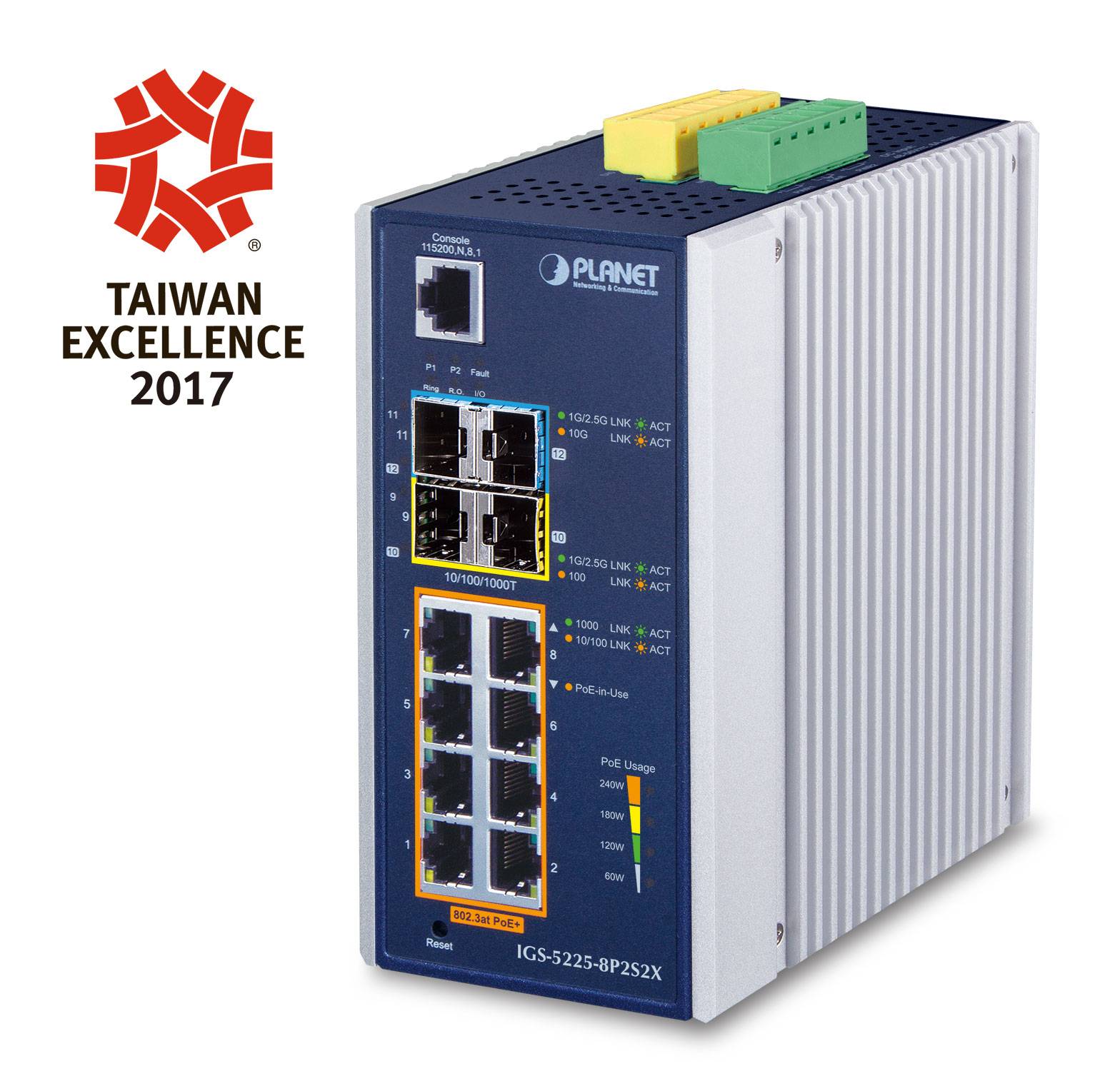 Industrie-Ethernet-Schalter mit mehreren vorderen Anschlüssen und Statusleuchten, mit der Bezeichnung PLANET, neben einem Taiwan Excellence 2017-Auszeichnungslogo abgebildet.
