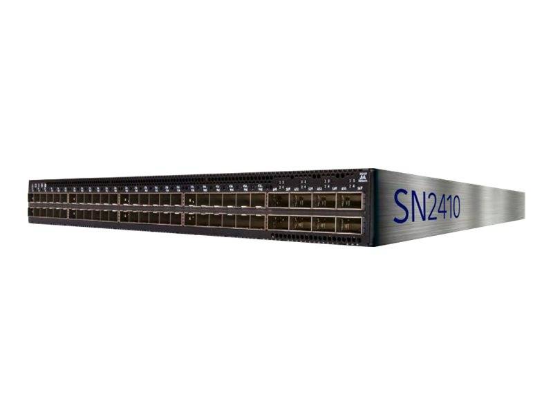 Frontansicht eines rackmontierenden Netzwerk-Switches mit der Bezeichnung 'SN2410' mit mehreren Ethernet-Ports auf weißem Hintergrund
