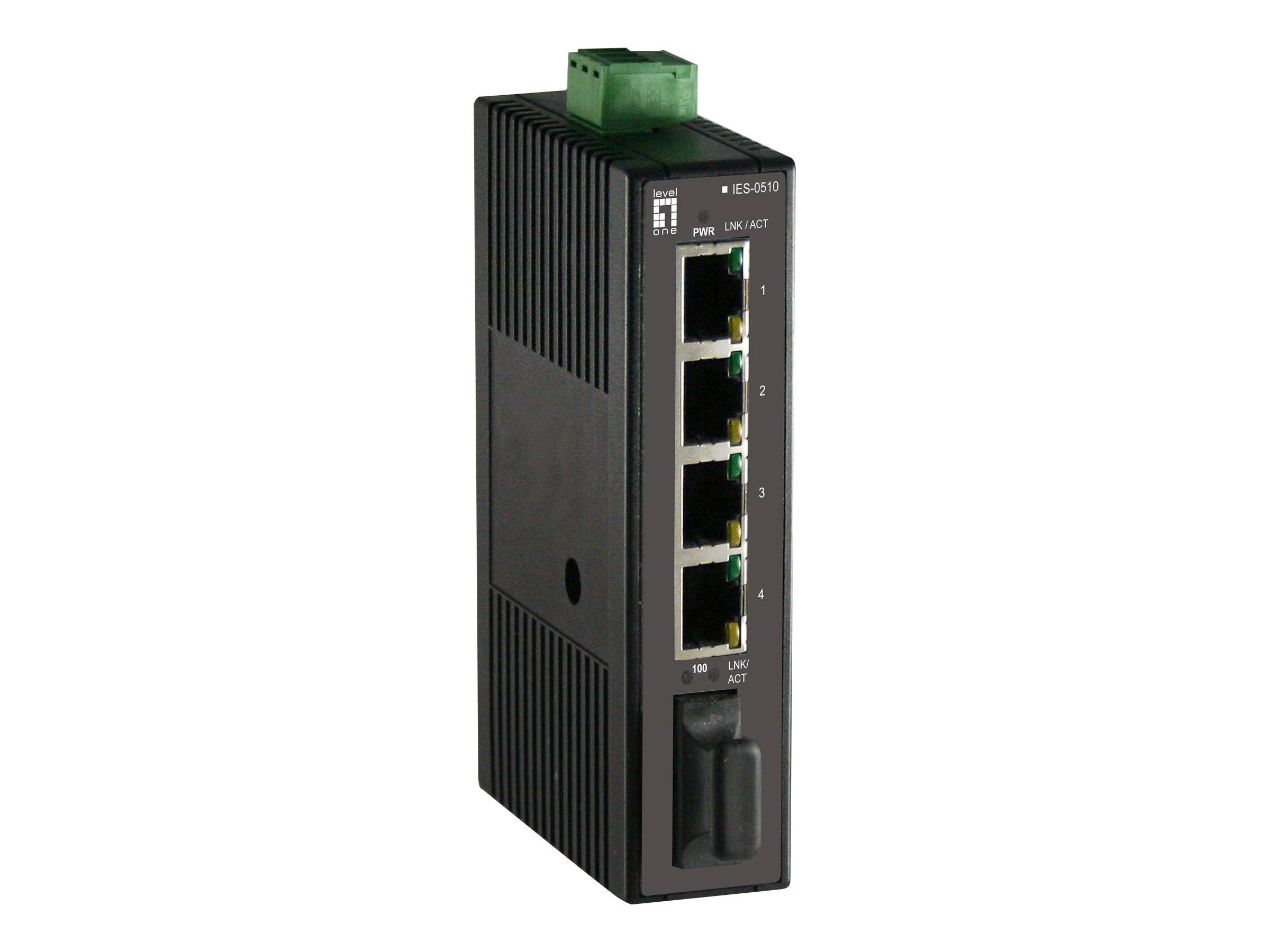 Schwarzer industrieller Ethernet-Switch mit vier vorderen Netzwerkanschlüssen und einem oberen Stromverbinder, gezeigt auf weißem Hintergrund.