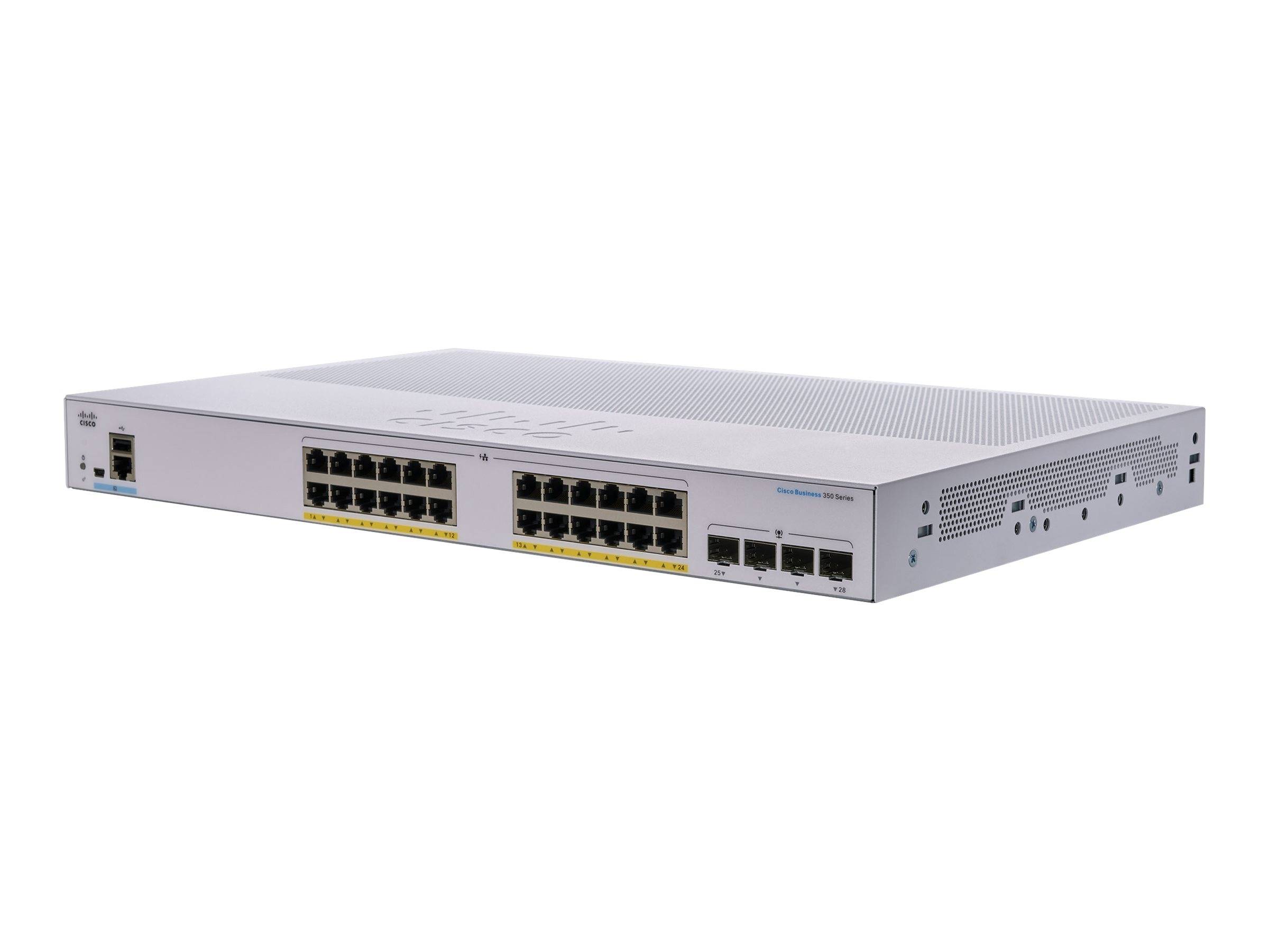 Vorderansicht eines Netzwerk-Switches zur Rackbefestigung mit mehreren Ethernet-Anschlüssen und Statusleuchten auf weißem Hintergrund.