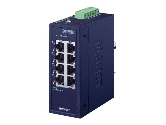 Industrie-Ethernet-Switch mit acht RJ45-Anschlüssen und einer grünen Anschlussleiste oben, Modellbezeichnung PLANET ISW-800T.