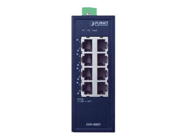 Frontansicht eines PLANET ISW-800T Industrial Ethernet Switches mit 8 RJ45-Anschlüssen und Status-LEDs auf weißem Hintergrund.