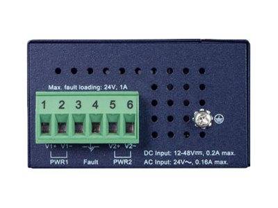 Vorderansicht eines kleinen dunkelblau gefärbten Elektrik-Kontrollmoduls mit einer 6-poligen grünen Ansclussklemme, gekennzeichnet mit Stromversorgungs- und Fehlerverbindungen sowie DC/AC-Eingabetext.