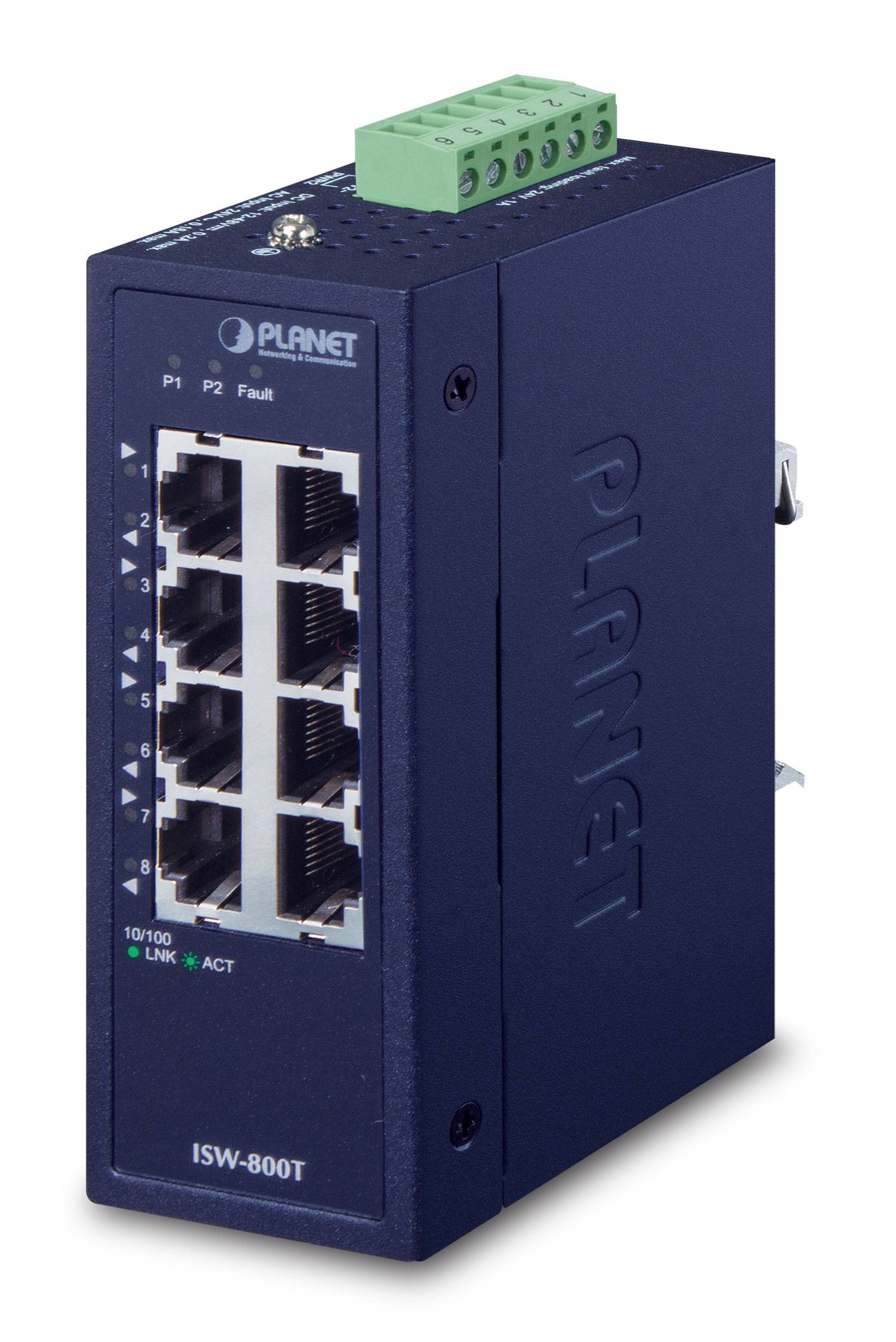 Industrieller Ethernet-Switch mit acht RJ45-Anschlüssen, Status-LEDs und grünem Terminalblock oben, gekennzeichnet mit PLANET ISW-800T.