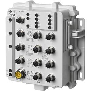 Cisco Industrial-Netzwerkgerät mit mehreren Kabelanschlüssen und Statusleuchten, montiert in einem robusten grauen Metallgehäuse für industrielle Anwendungen.