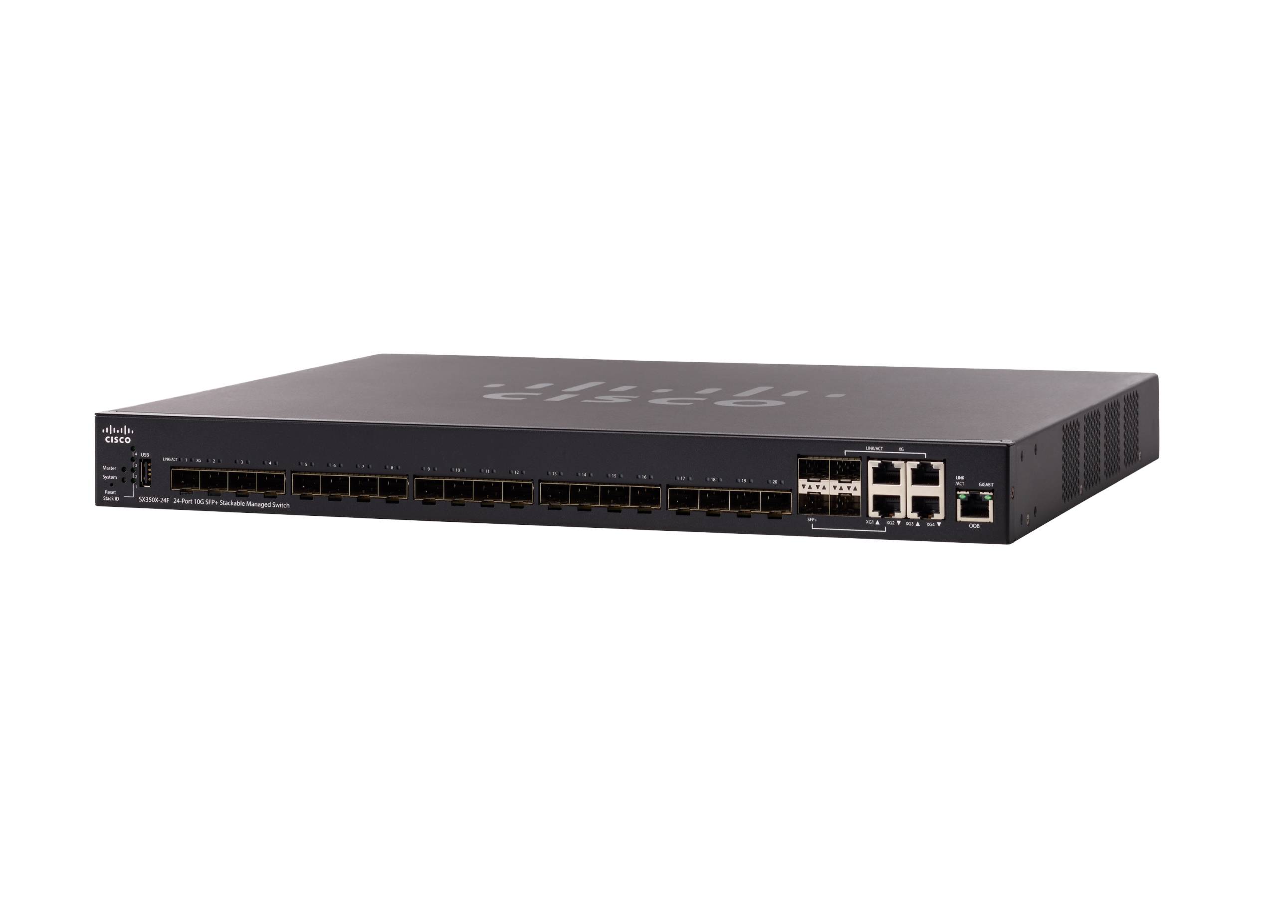 Vorderansicht eines Rack-Mount-Netzwerk-Switches mit mehreren Ethernet-Anschlüssen und vier Uplink-Anschlüssen auf weißem Hintergrund.