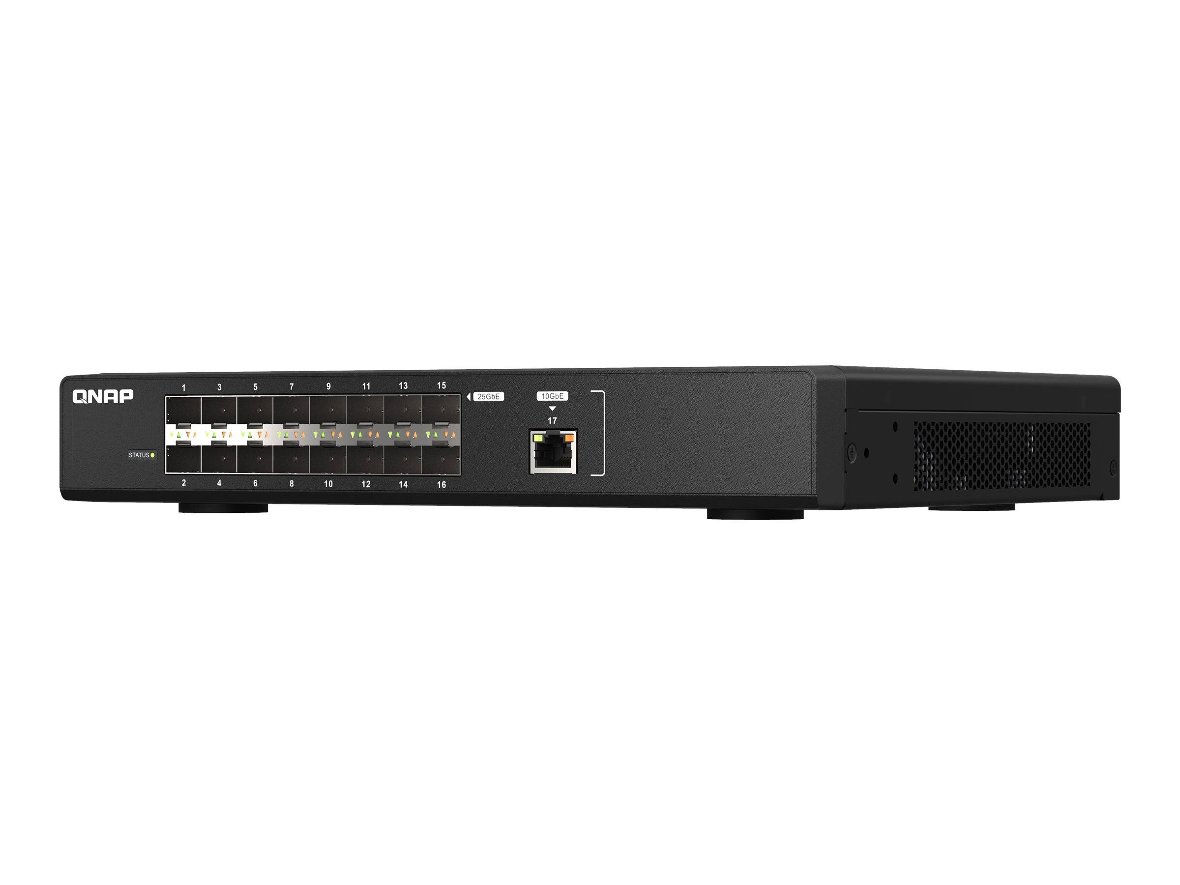 Schwarzes QNAP-Netzwerkspeichergerät mit vorderen Festplattenschächten, Statusleuchten und einem Ethernet-Anschluss auf weißem Hintergrund