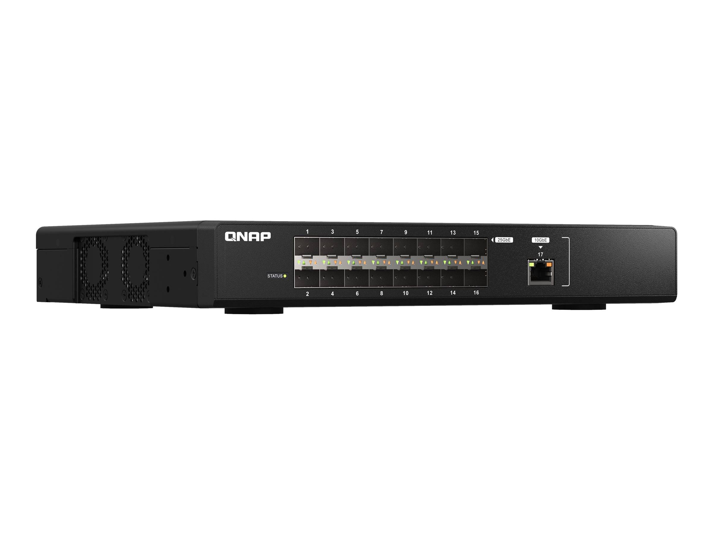 Frontansicht eines QNAP-Rackmount-Netzwerkspeichergeräts mit mehreren Festplattenschächten und Statusleuchten auf einem schwarzen Gehäuse.