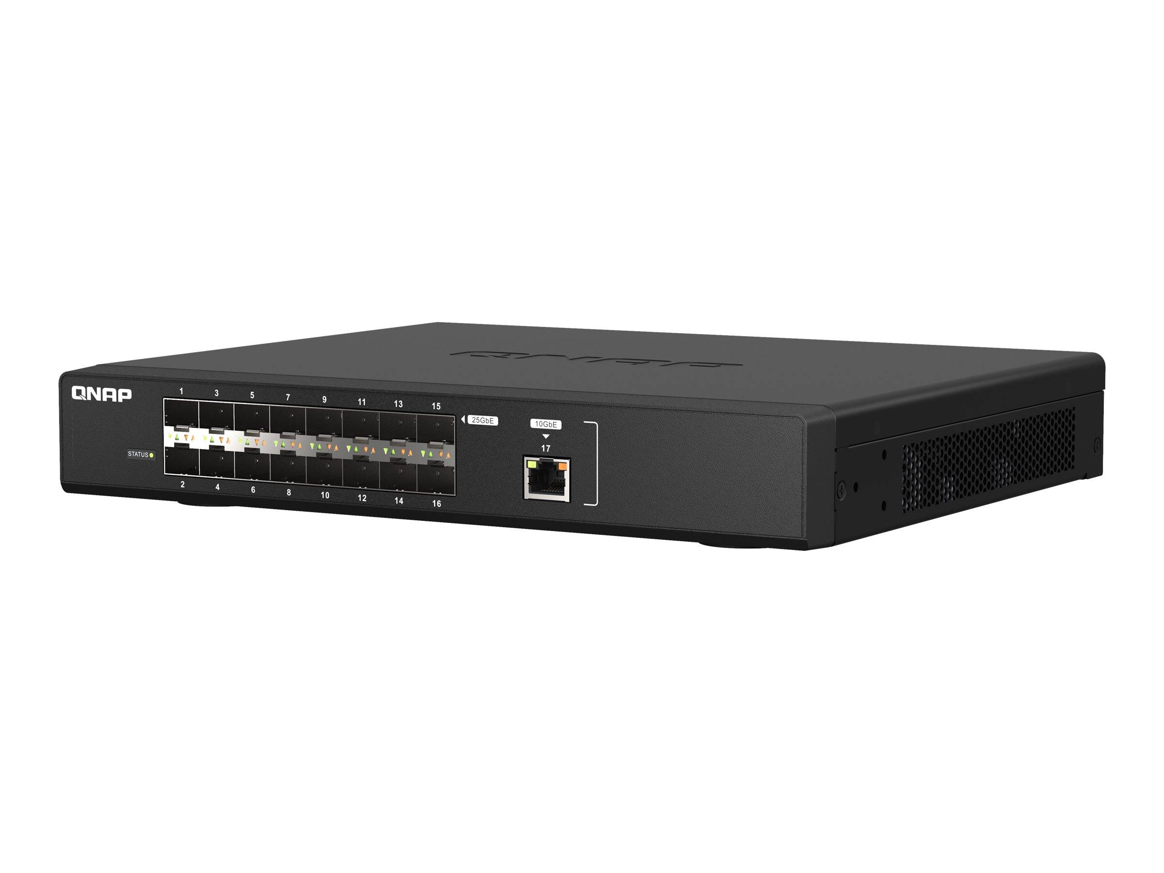 Schwarzer QNAP-Netzwerk-Switch mit mehreren vorderen Ethernet-Anschlüssen und Statusleuchten auf einfachem weißem Hintergrund.