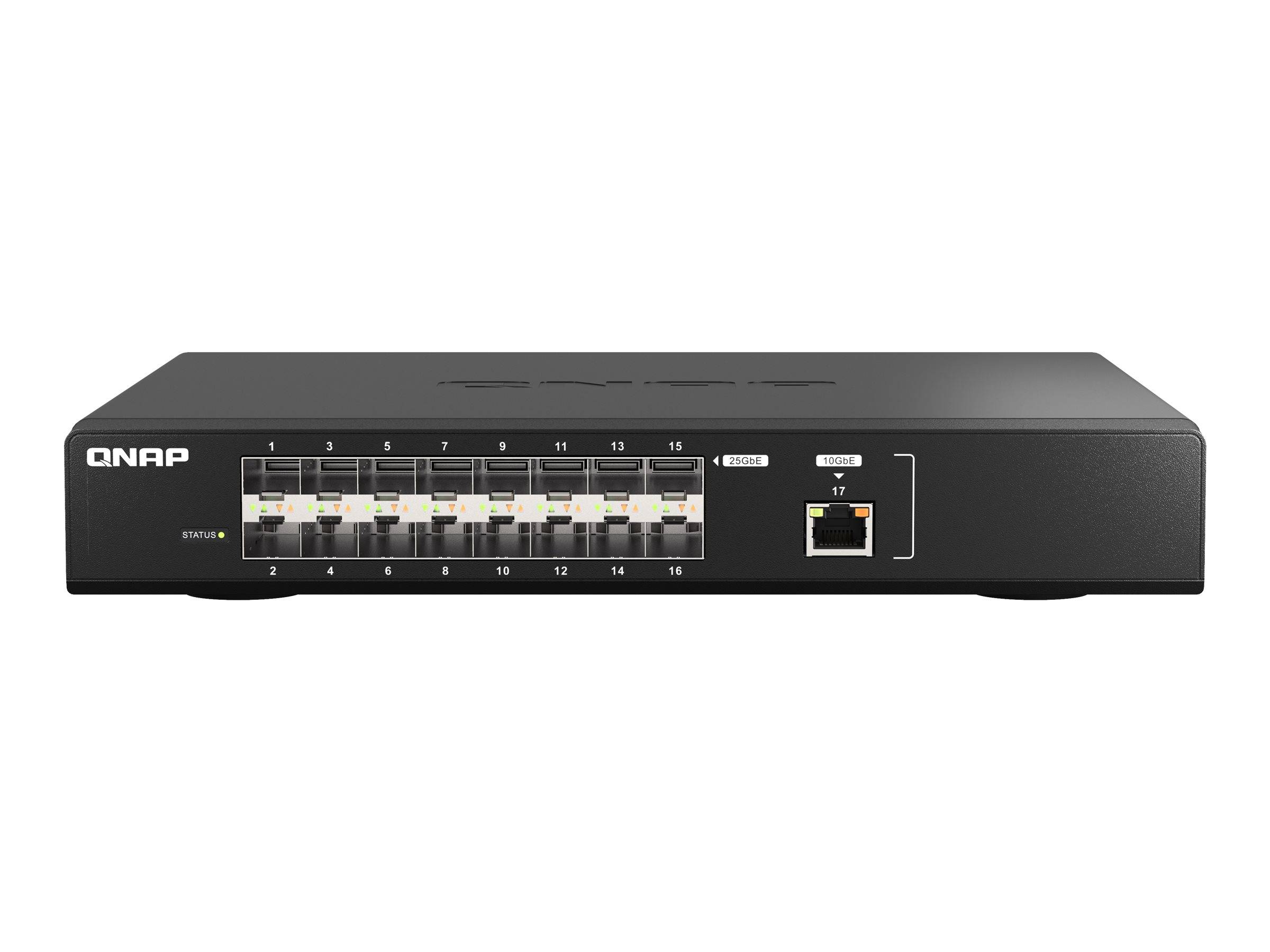 Frontansicht eines QNAP-Netzwerk-Switches mit 16 Ethernet-Anschlüssen und einem Verwaltungsport, dargestellt auf weißem Hintergrund.